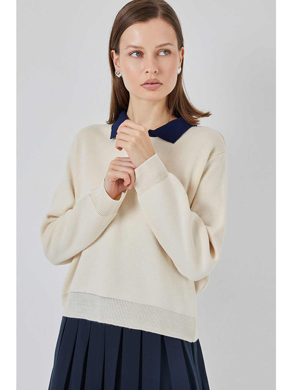 Ekru Kadın Crop Triko Kazak 15936 - Krem-2