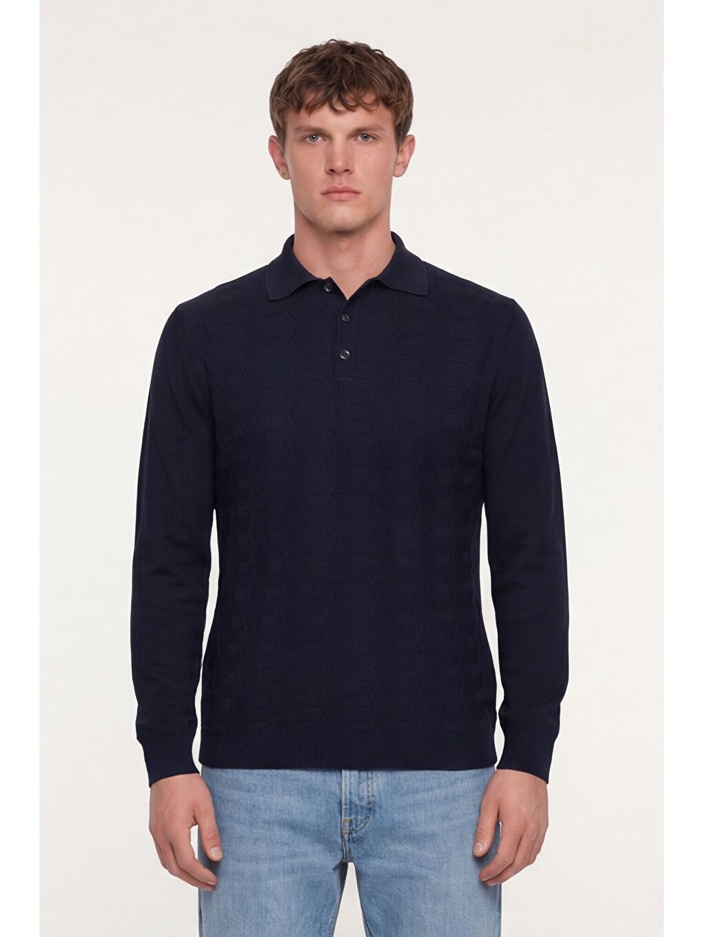 Erkek Lacivert Normal Kesim Regular Fit Yünlü Düğmeli Polo Yaka Triko Kazak