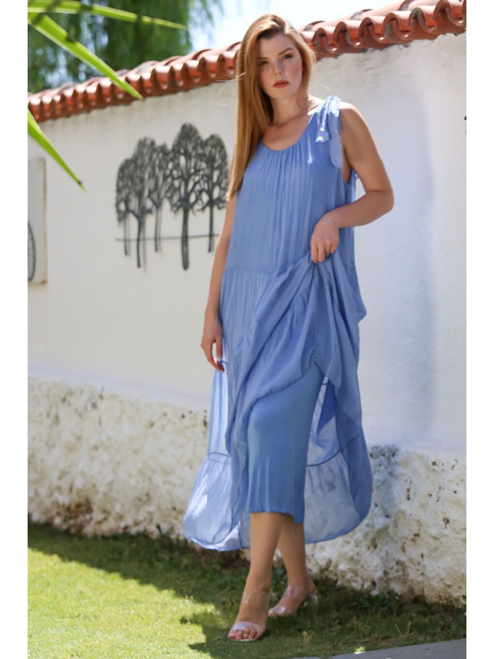 İtalyan Lavanta Mavisi Havuz Yaka Kolsuz Bağlamalı Astarlı Casual İpek Dokuma Elbise 130 65-7