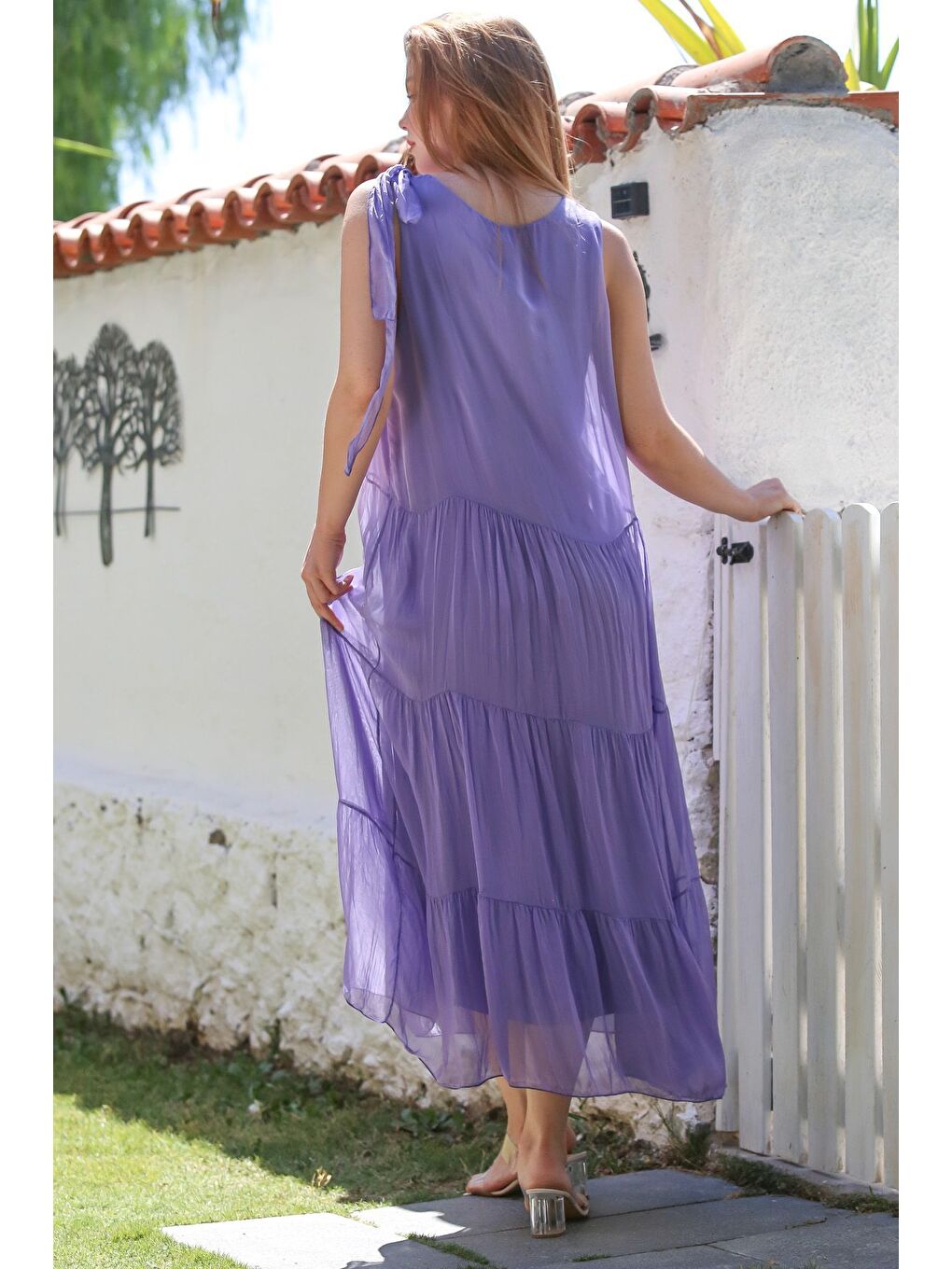 İtalyan Lavanta Mor Havuz Yaka Kolsuz Bağlamalı Astarlı Casual İpek Dokuma Elbise 130 65-1