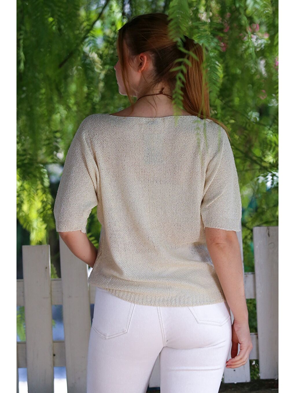 Ekru Krem V Yaka 3/4 Kol İnce Arkası Uzun Crop Fit Triko Bluz 50 60-1