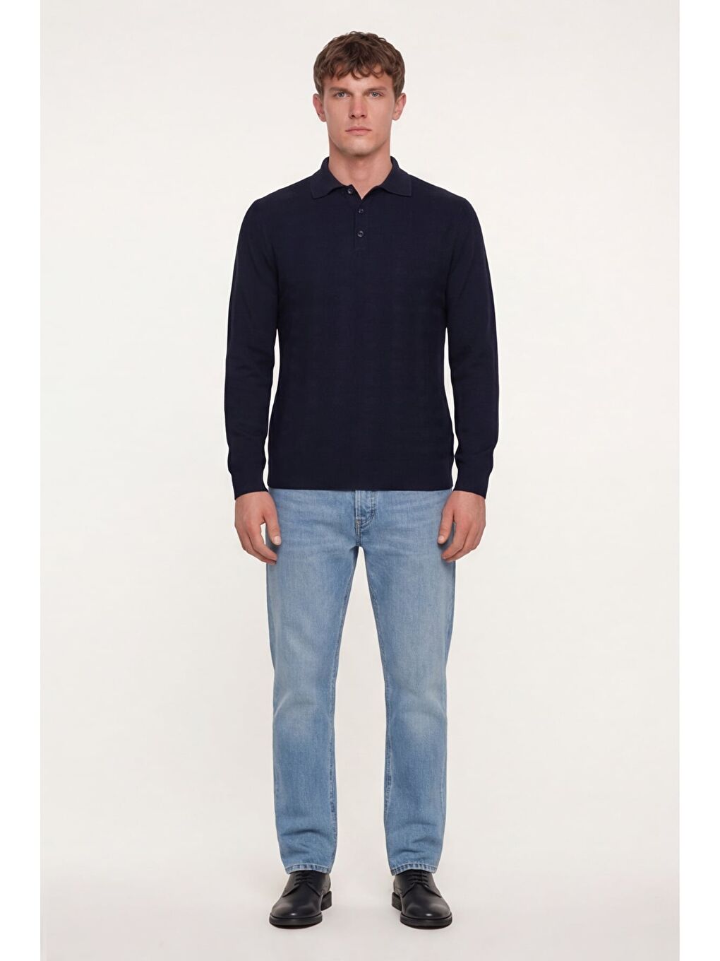 Erkek Lacivert Normal Kesim Regular Fit Yünlü Düğmeli Polo Yaka Triko Kazak-1