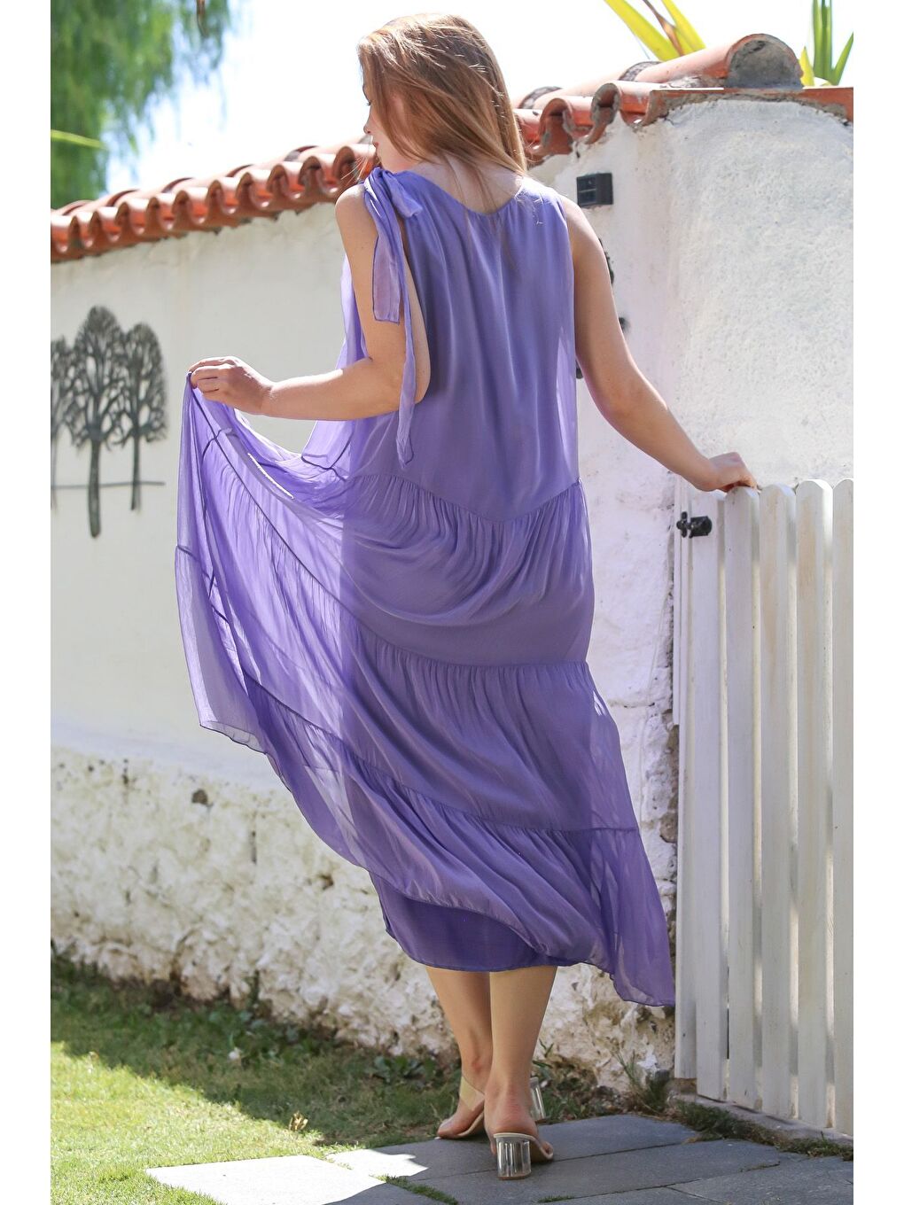 İtalyan Lavanta Mor Havuz Yaka Kolsuz Bağlamalı Astarlı Casual İpek Dokuma Elbise 130 65-2