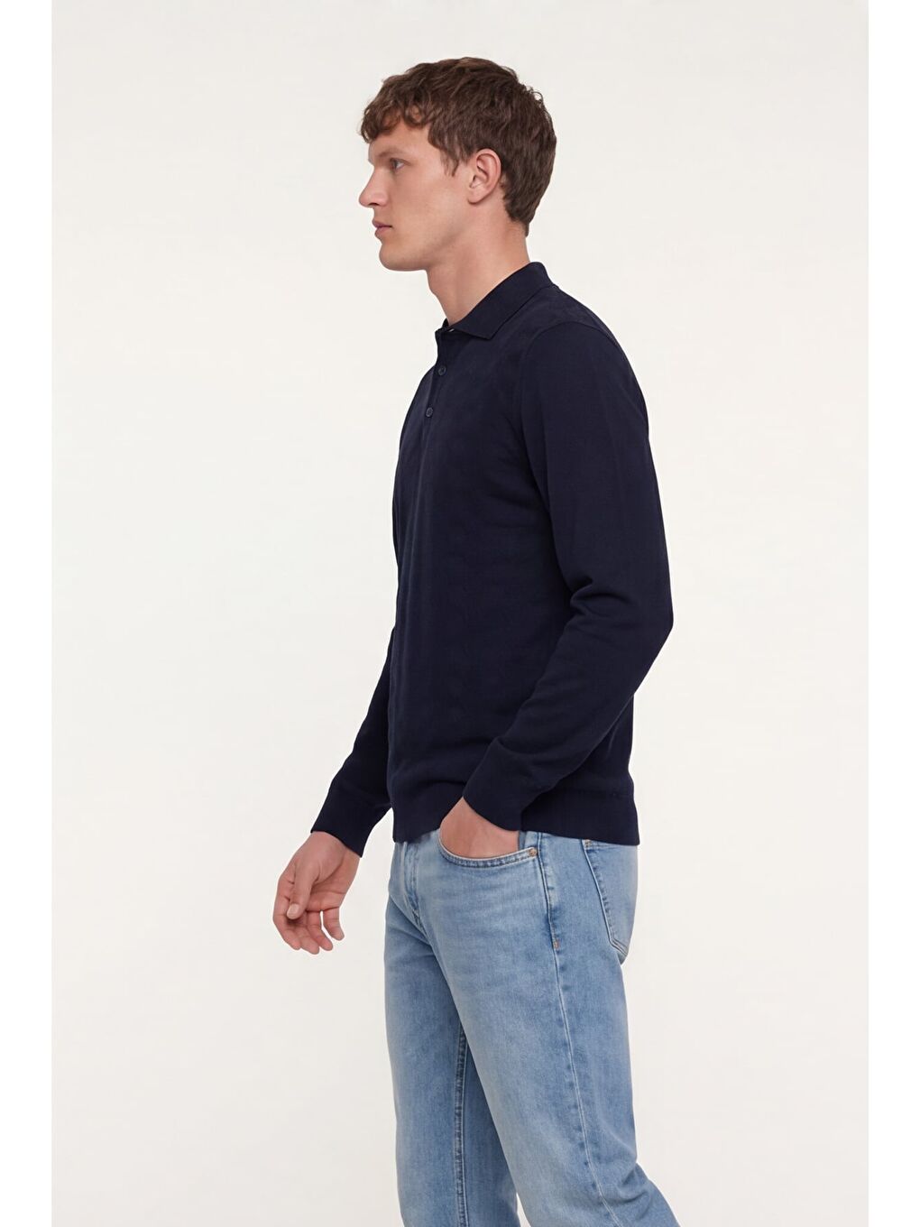 Erkek Lacivert Normal Kesim Regular Fit Yünlü Düğmeli Polo Yaka Triko Kazak-2
