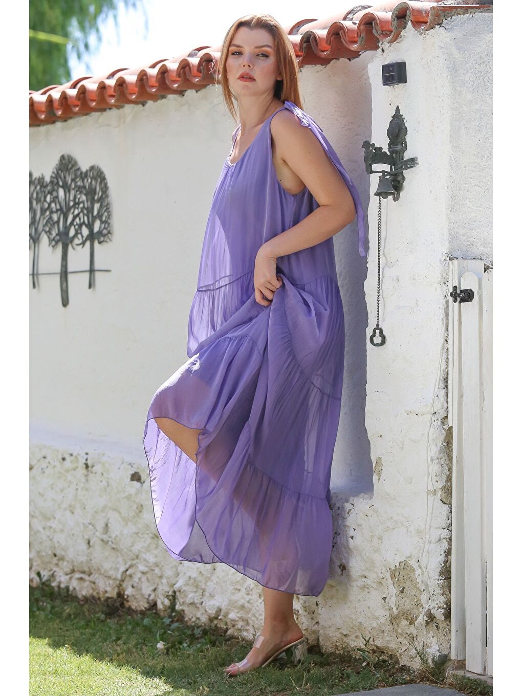 İtalyan Lavanta Mor Havuz Yaka Kolsuz Bağlamalı Astarlı Casual İpek Dokuma Elbise 130 65-3