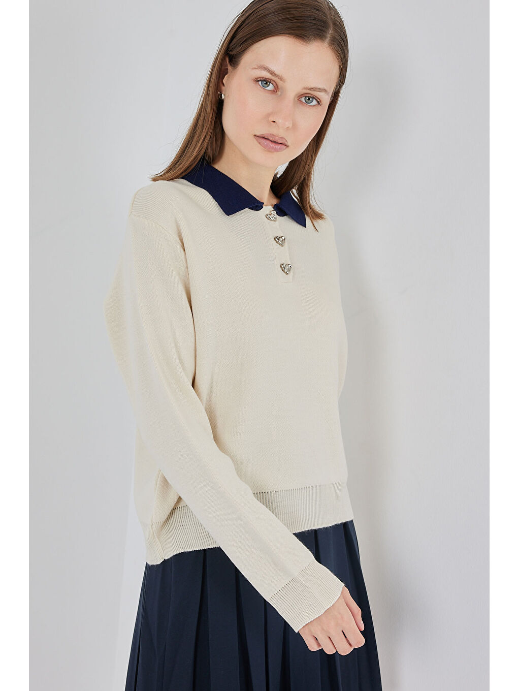 Ekru Kadın Crop Triko Kazak 15936 - Krem-3