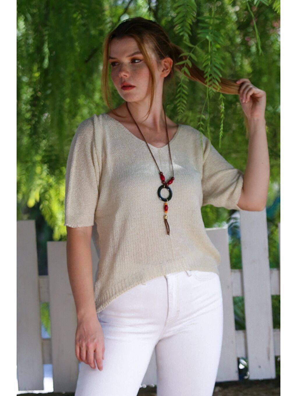 Ekru Krem V Yaka 3/4 Kol İnce Arkası Uzun Crop Fit Triko Bluz 50 60-2