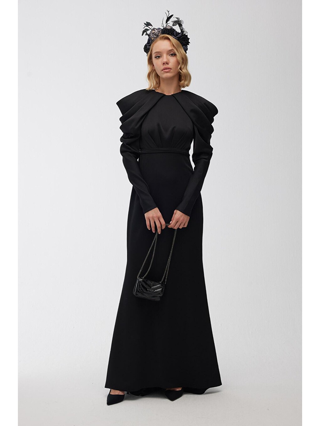 Omuz Drape Detaylı Abiye Elbise Siyah-1