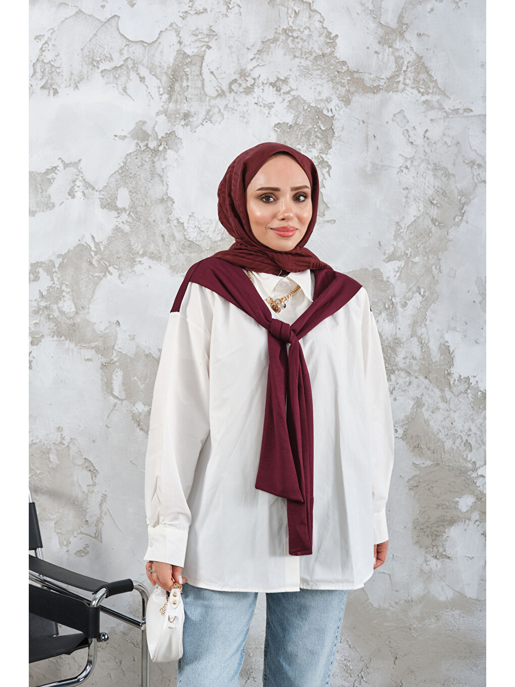 Kadın Yaka Bağlamalı Çift Renk Gömlek Mürdüm-4