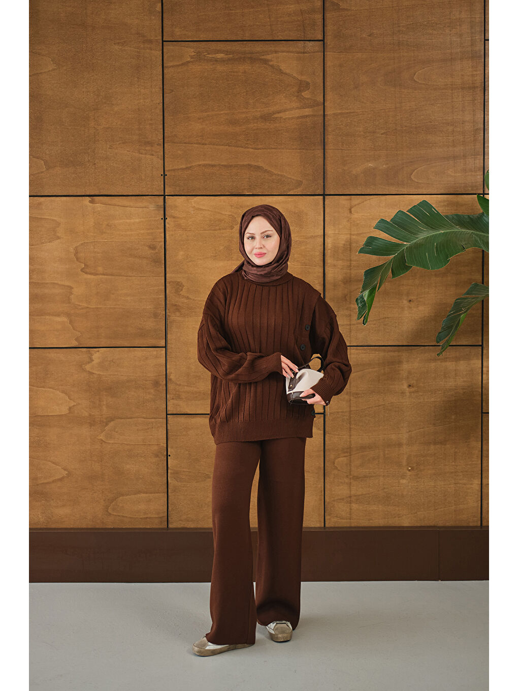 Kadın Düğmeli Triko Takım Kahverengi-2