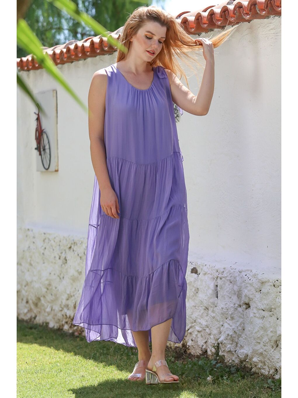 İtalyan Lavanta Mor Havuz Yaka Kolsuz Bağlamalı Astarlı Casual İpek Dokuma Elbise 130 65-4