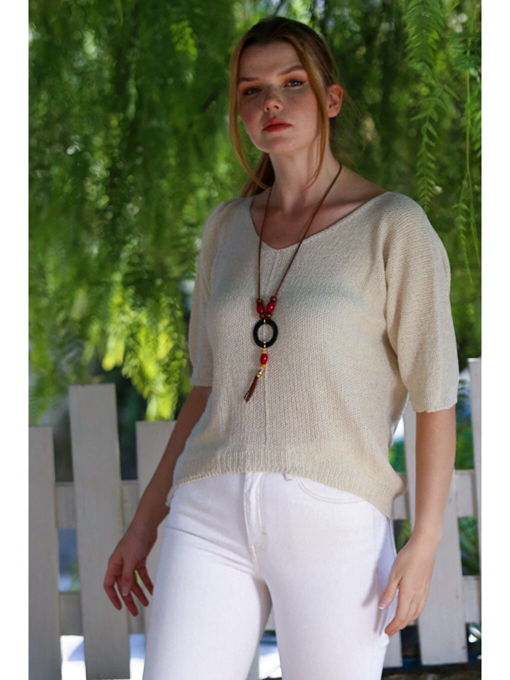 Ekru Krem V Yaka 3/4 Kol İnce Arkası Uzun Crop Fit Triko Bluz 50 60-3