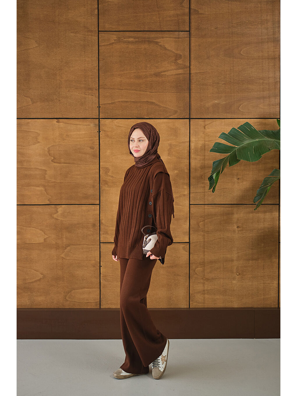 Kadın Düğmeli Triko Takım Kahverengi-3