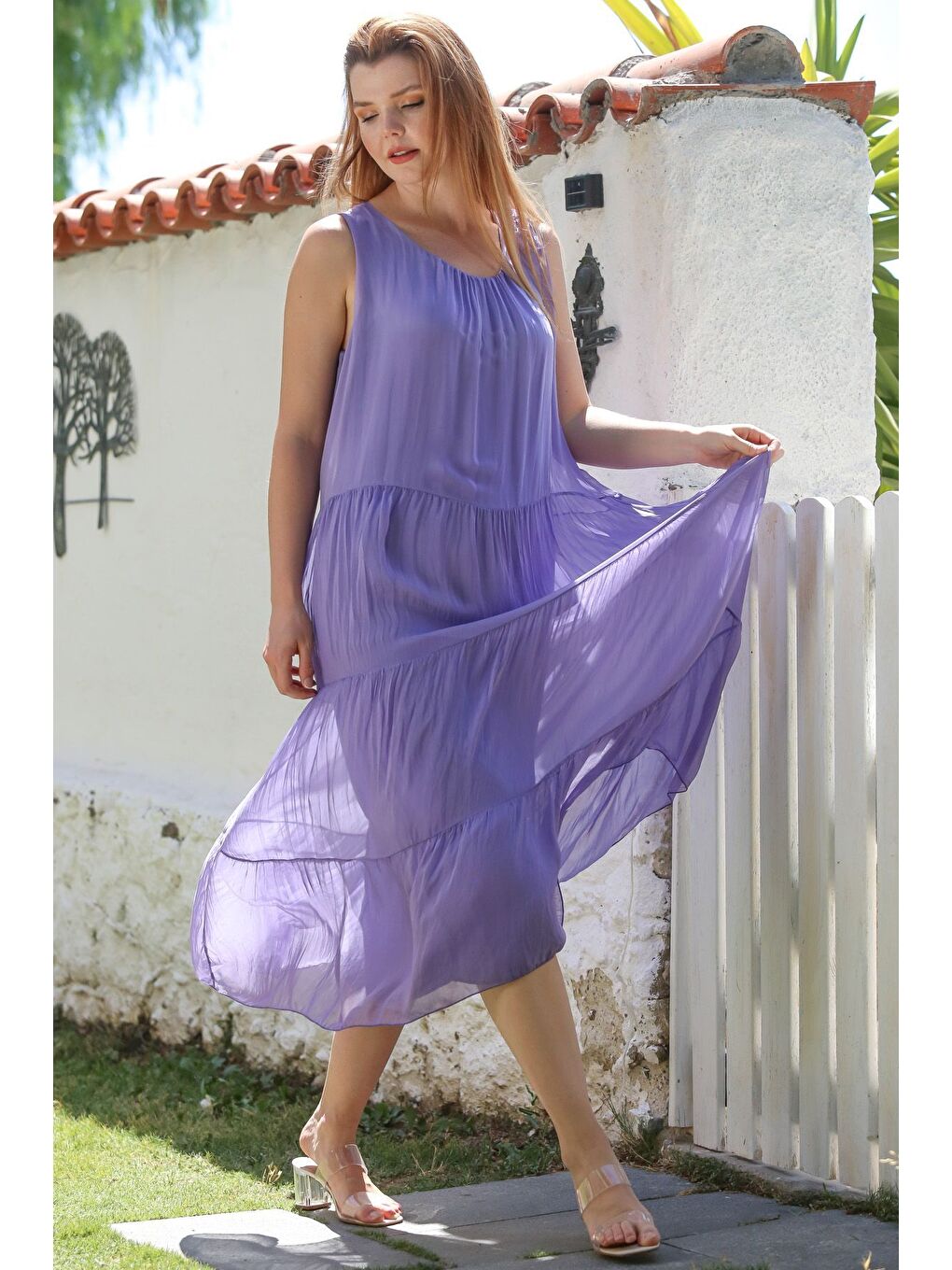 İtalyan Lavanta Mor Havuz Yaka Kolsuz Bağlamalı Astarlı Casual İpek Dokuma Elbise 130 65-5