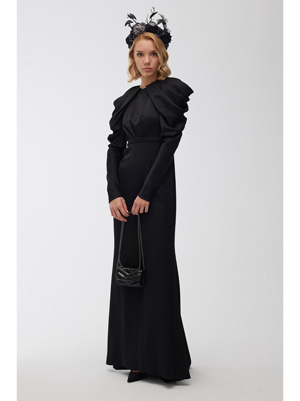 Omuz Drape Detaylı Abiye Elbise Siyah-2