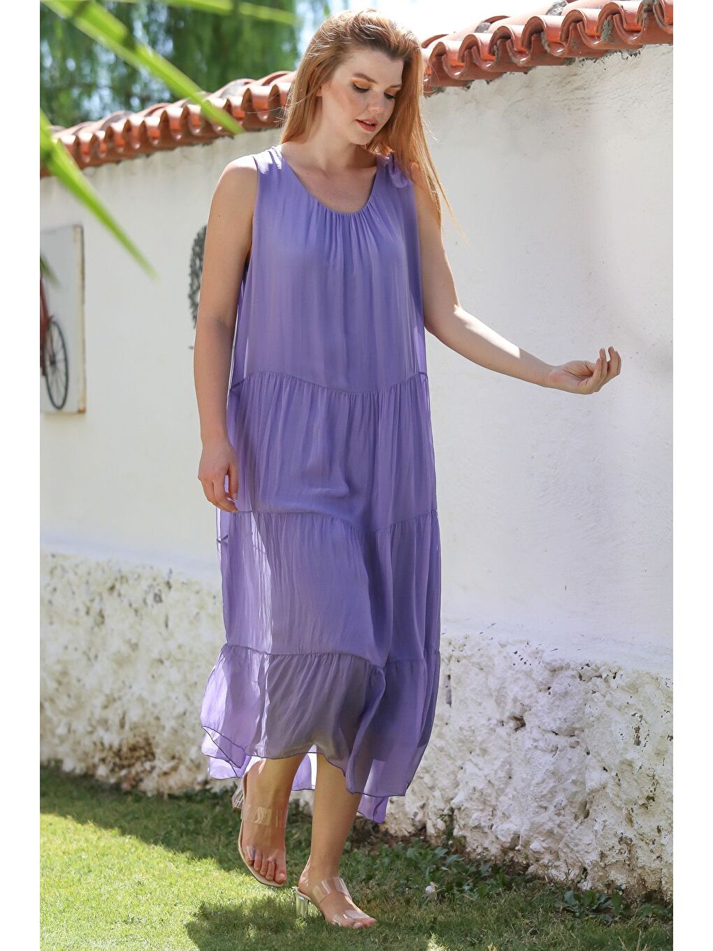 İtalyan Lavanta Mor Havuz Yaka Kolsuz Bağlamalı Astarlı Casual İpek Dokuma Elbise 130 65-6