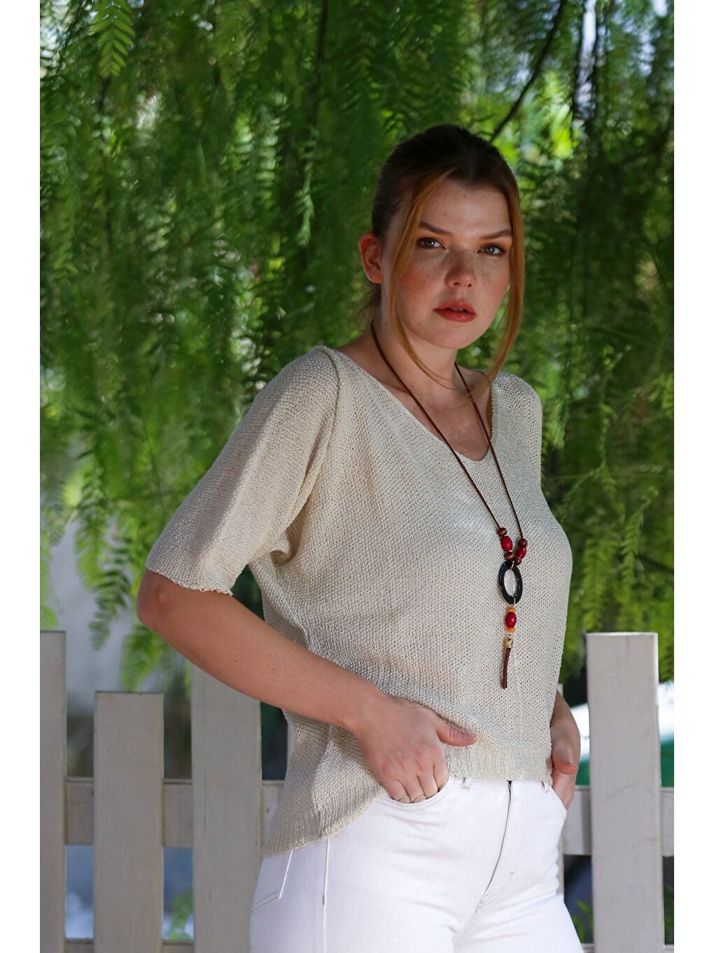 Ekru Krem V Yaka 3/4 Kol İnce Arkası Uzun Crop Fit Triko Bluz 50 60-4