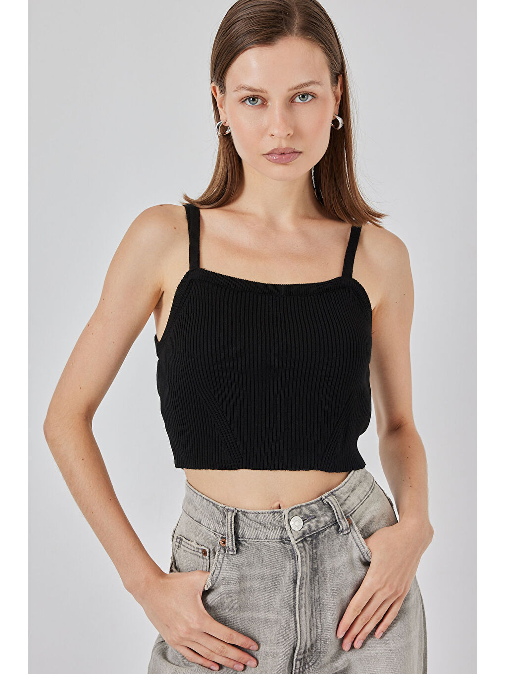 Kadın Askılı Crop Top Bluz 15934 - Siyah