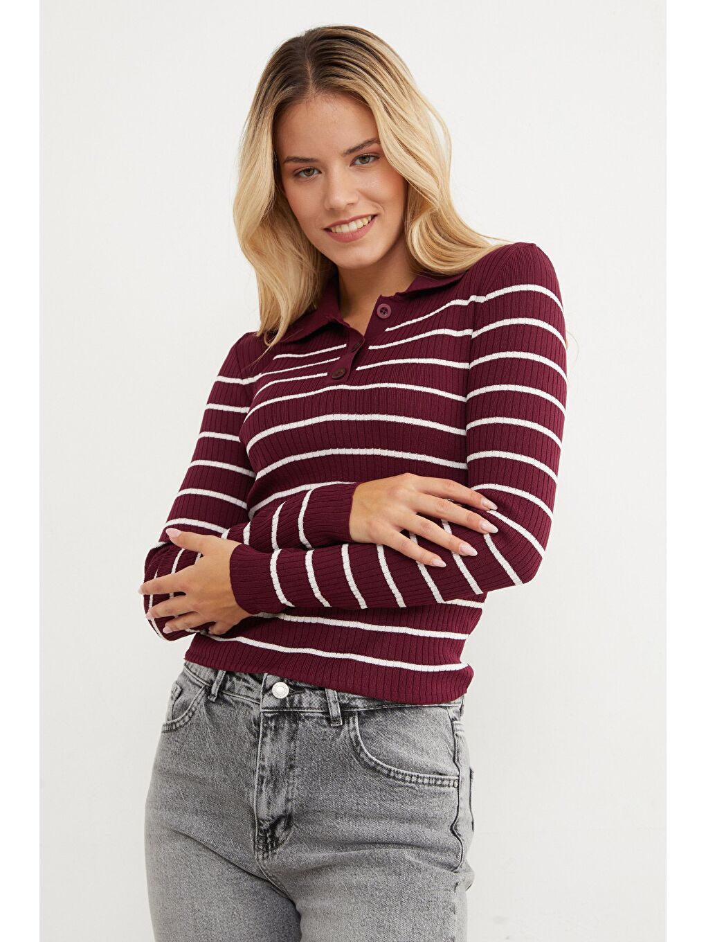 Bordo Çizgili Polo Yaka Yarım Düğmeli Triko Kazak-2