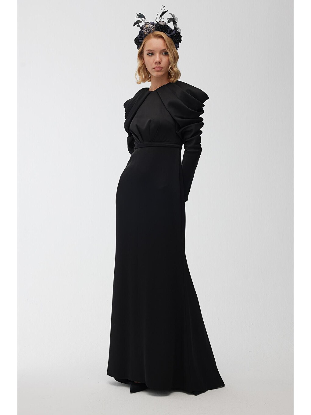 Omuz Drape Detaylı Abiye Elbise Siyah-3