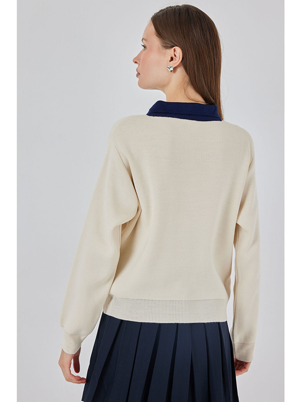 Ekru Kadın Crop Triko Kazak 15936 - Krem-5