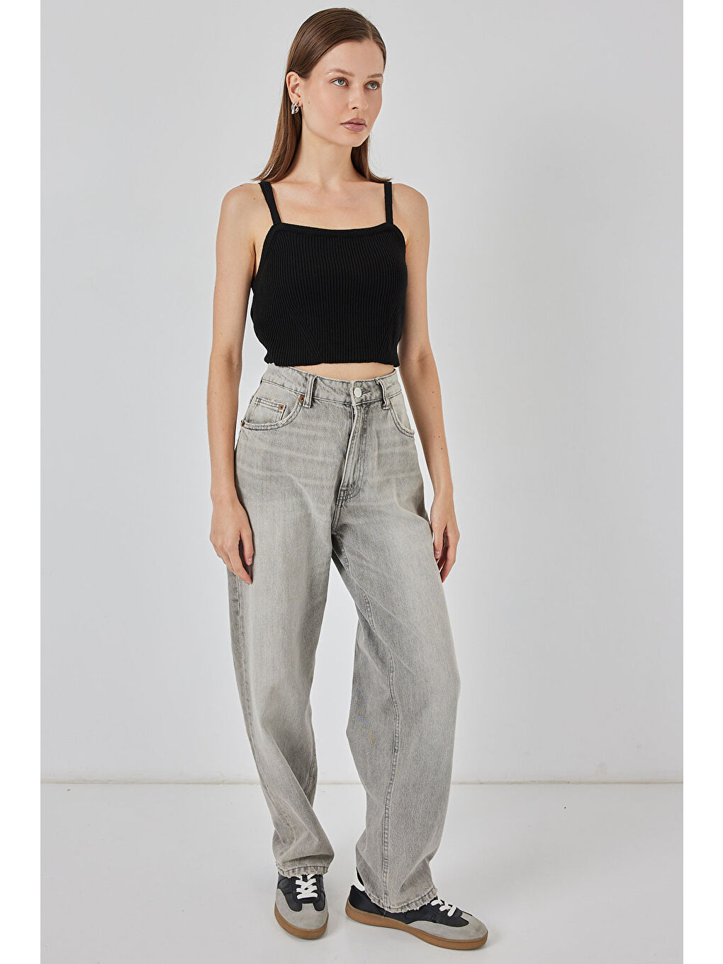 Kadın Askılı Crop Top Bluz 15934 - Siyah-1
