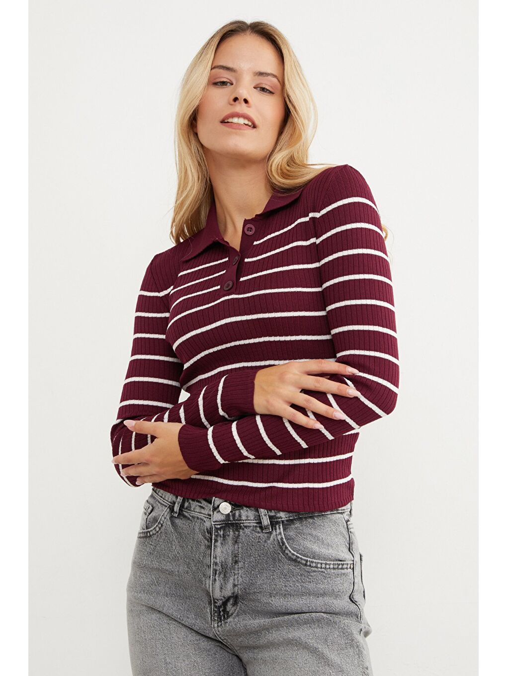 Bordo Çizgili Polo Yaka Yarım Düğmeli Triko Kazak-3
