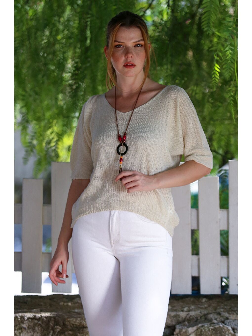 Ekru Krem V Yaka 3/4 Kol İnce Arkası Uzun Crop Fit Triko Bluz 50 60-5