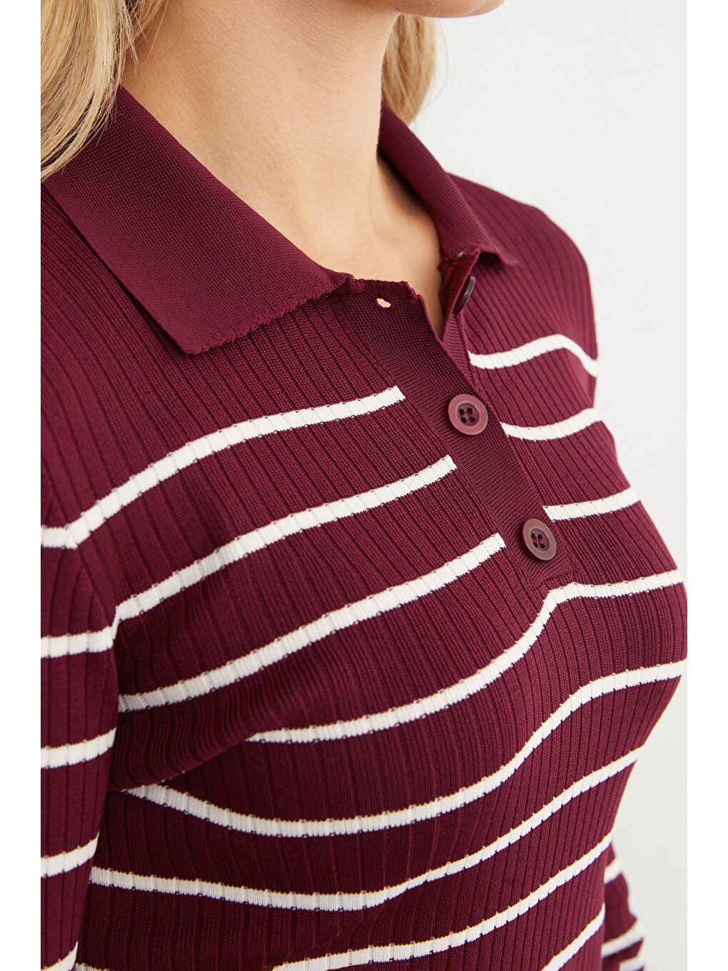Bordo Çizgili Polo Yaka Yarım Düğmeli Triko Kazak-4