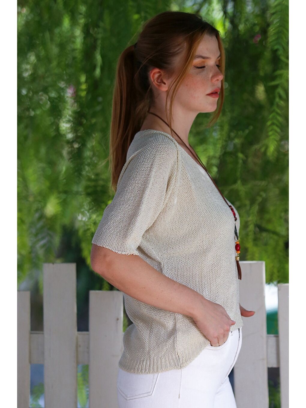 Ekru Krem V Yaka 3/4 Kol İnce Arkası Uzun Crop Fit Triko Bluz 50 60-6