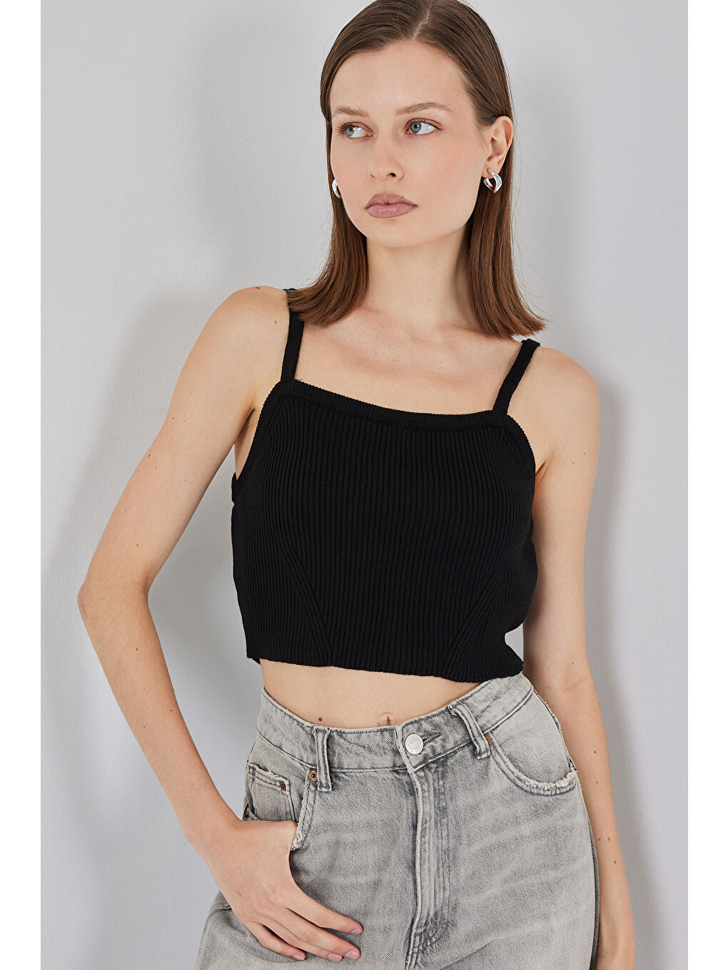 Kadın Askılı Crop Top Bluz 15934 - Siyah-2