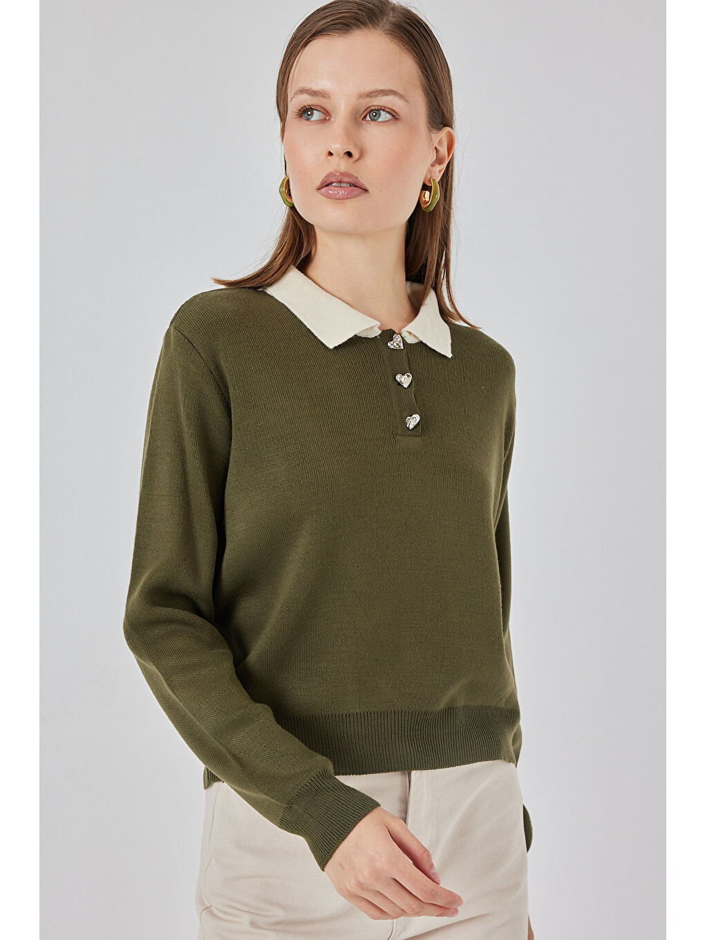 Kadın Crop Triko Kazak 15936 - Haki-2
