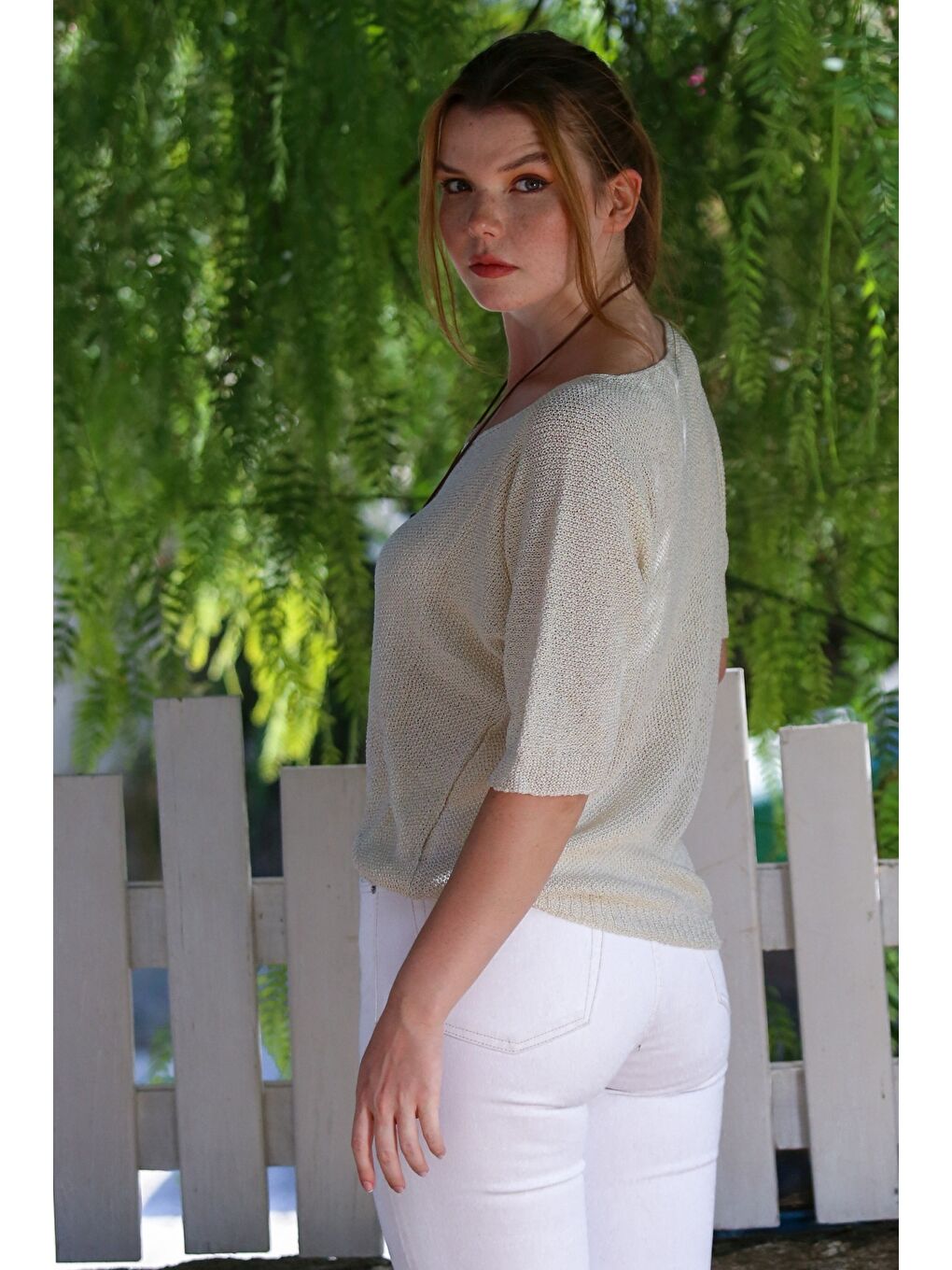 Ekru Krem V Yaka 3/4 Kol İnce Arkası Uzun Crop Fit Triko Bluz 50 60-7