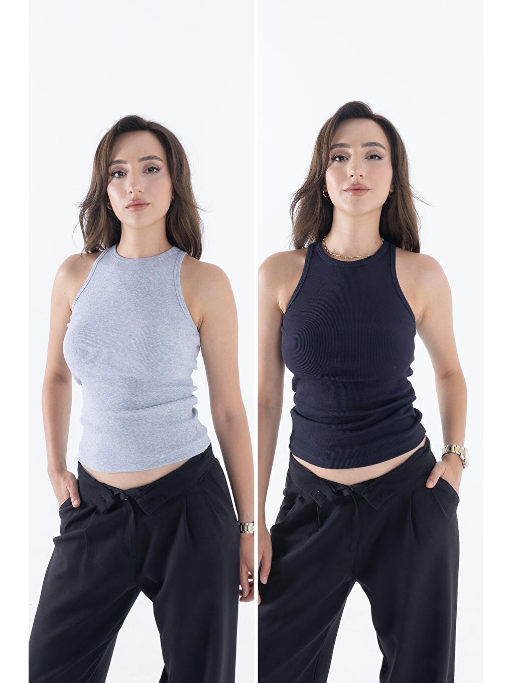 Gri Fitilli Regular Fit Normal Kalıp Siyah-Beyaz Bisiklet Yaka Sıfır Kol Pamuklu 2'li Kadın Atlet