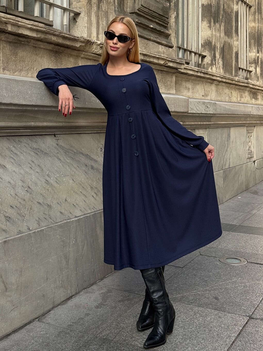 Ottoman Kumaş Düğme Detay Elbise Lacivert
