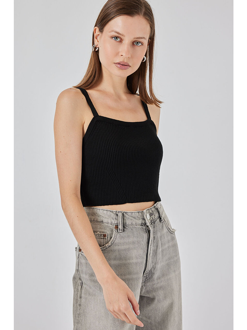Kadın Askılı Crop Top Bluz 15934 - Siyah-3