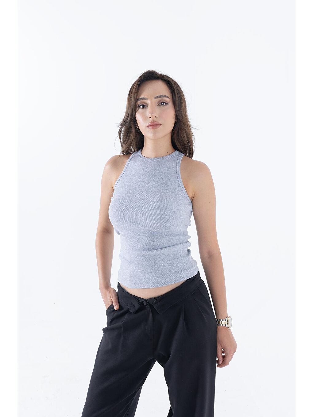 Gri Fitilli Regular Fit Normal Kalıp Siyah-Beyaz Bisiklet Yaka Sıfır Kol Pamuklu 2'li Kadın Atlet-1