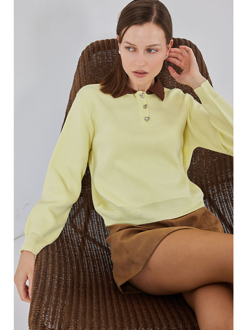 Kadın Crop Triko Kazak 15936 - Sarı-2