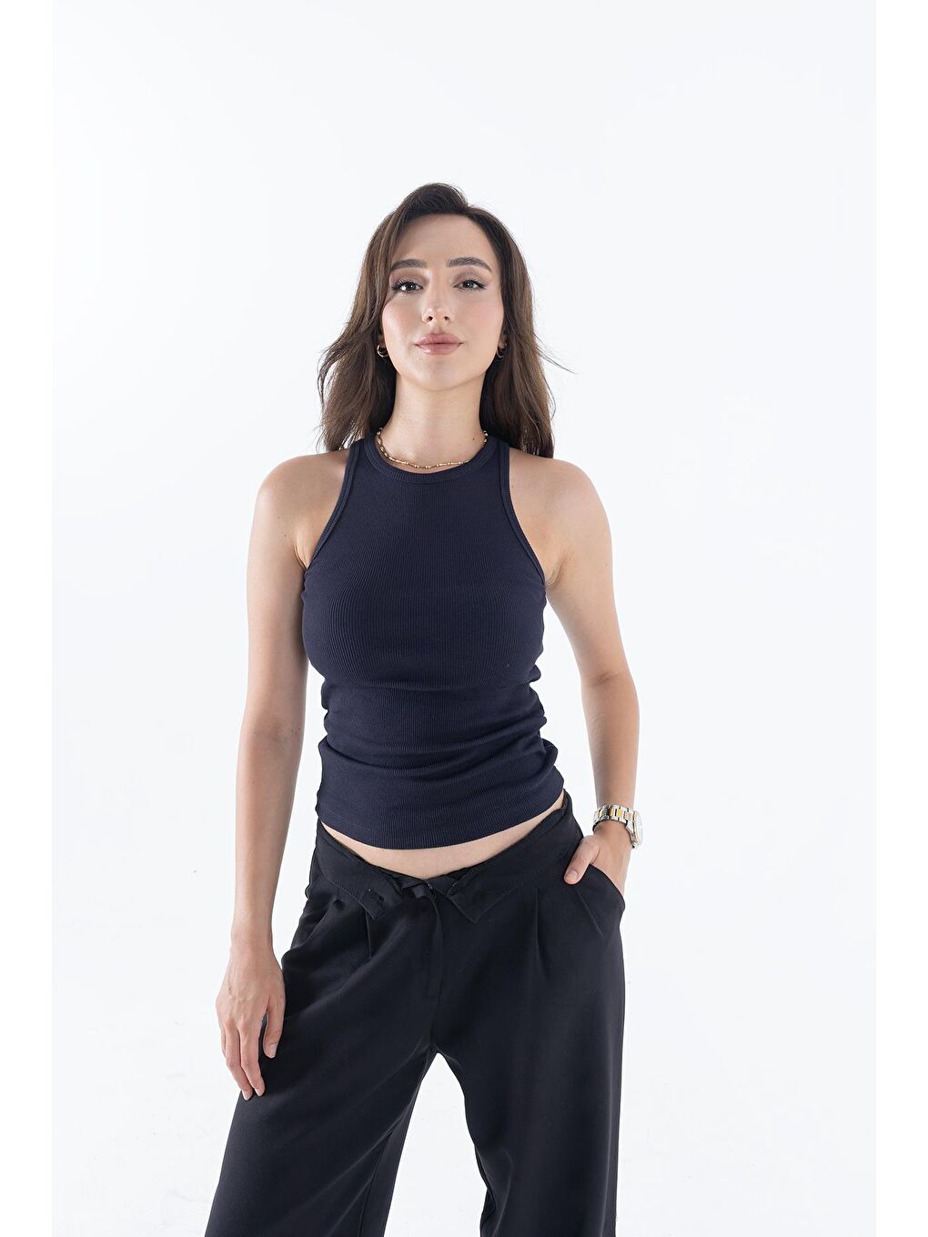 Gri Fitilli Regular Fit Normal Kalıp Siyah-Beyaz Bisiklet Yaka Sıfır Kol Pamuklu 2'li Kadın Atlet-2