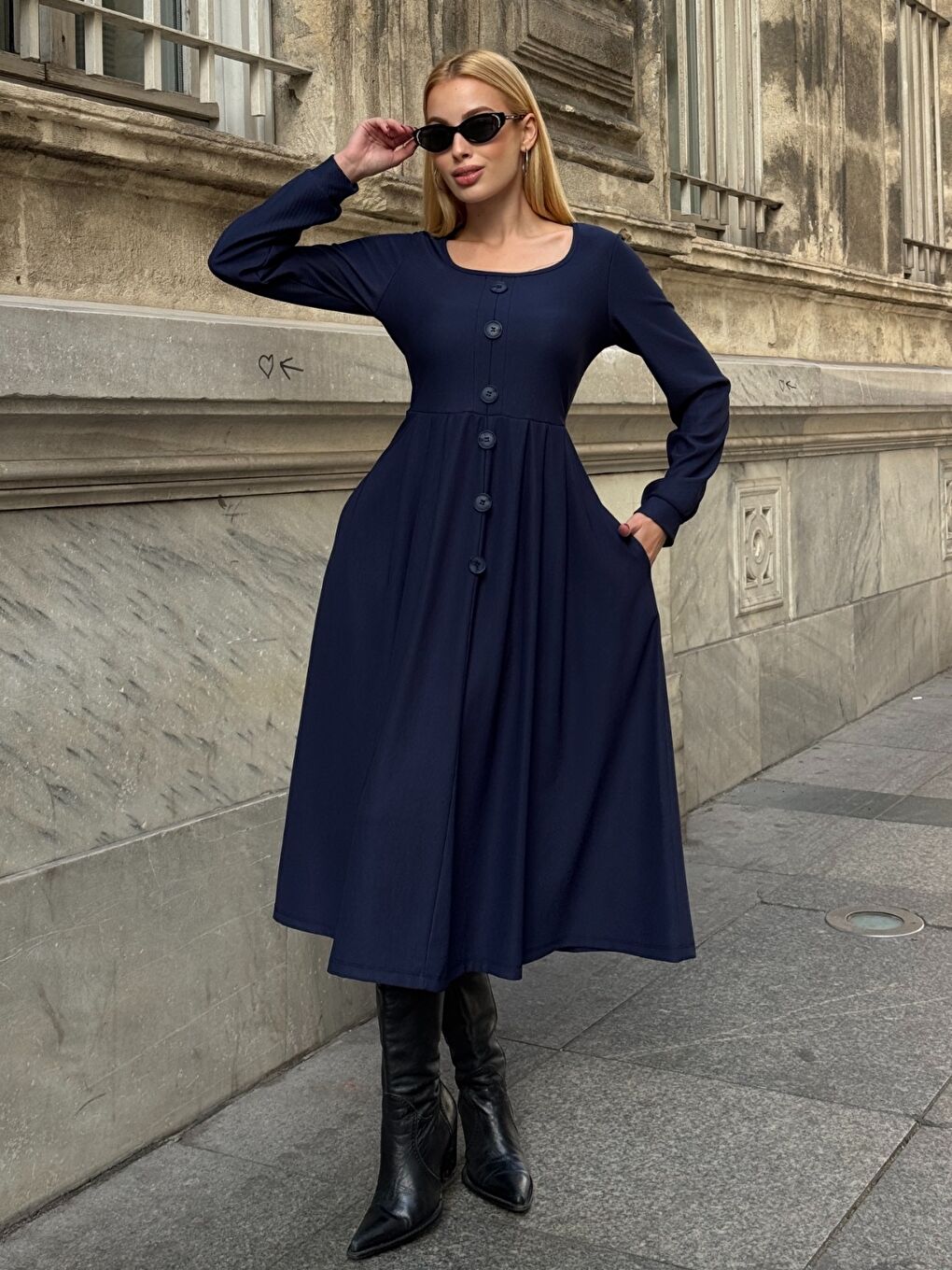 Ottoman Kumaş Düğme Detay Elbise Lacivert-1