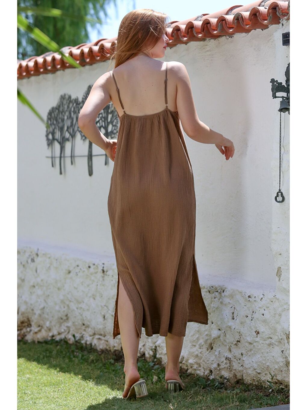 Kahverengi Askılı Yırtmaçlı Dantelli Casual Müslin Uzun Dokuma Elbise 128 55-1