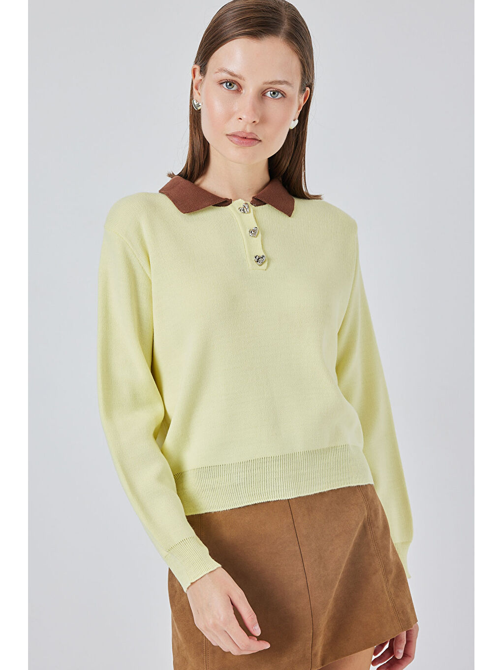 Kadın Crop Triko Kazak 15936 - Sarı-3