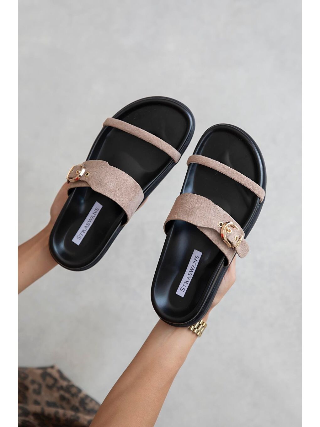 Bej Zeus Kadın Toka Detay Günlük Konfor Süet Terlik Vizon