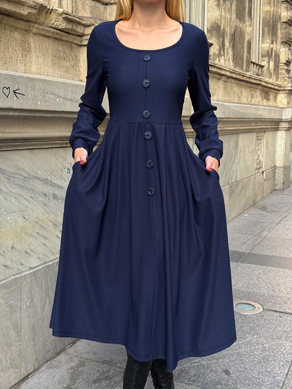 Ottoman Kumaş Düğme Detay Elbise Lacivert-2