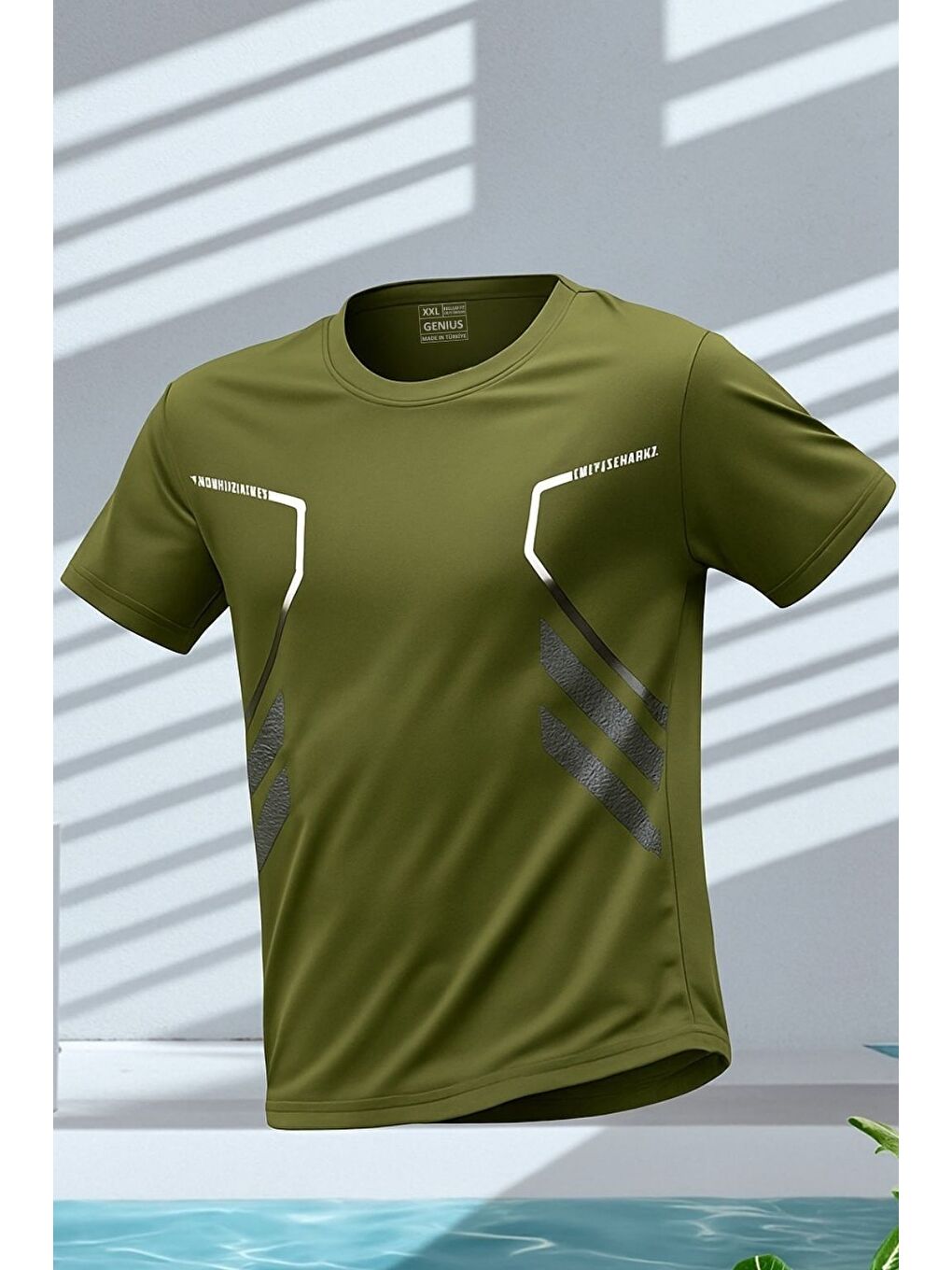 Haki Erkek Spor Tişört Antreman Gym Polyester Erkek Sporcu Tişört-1