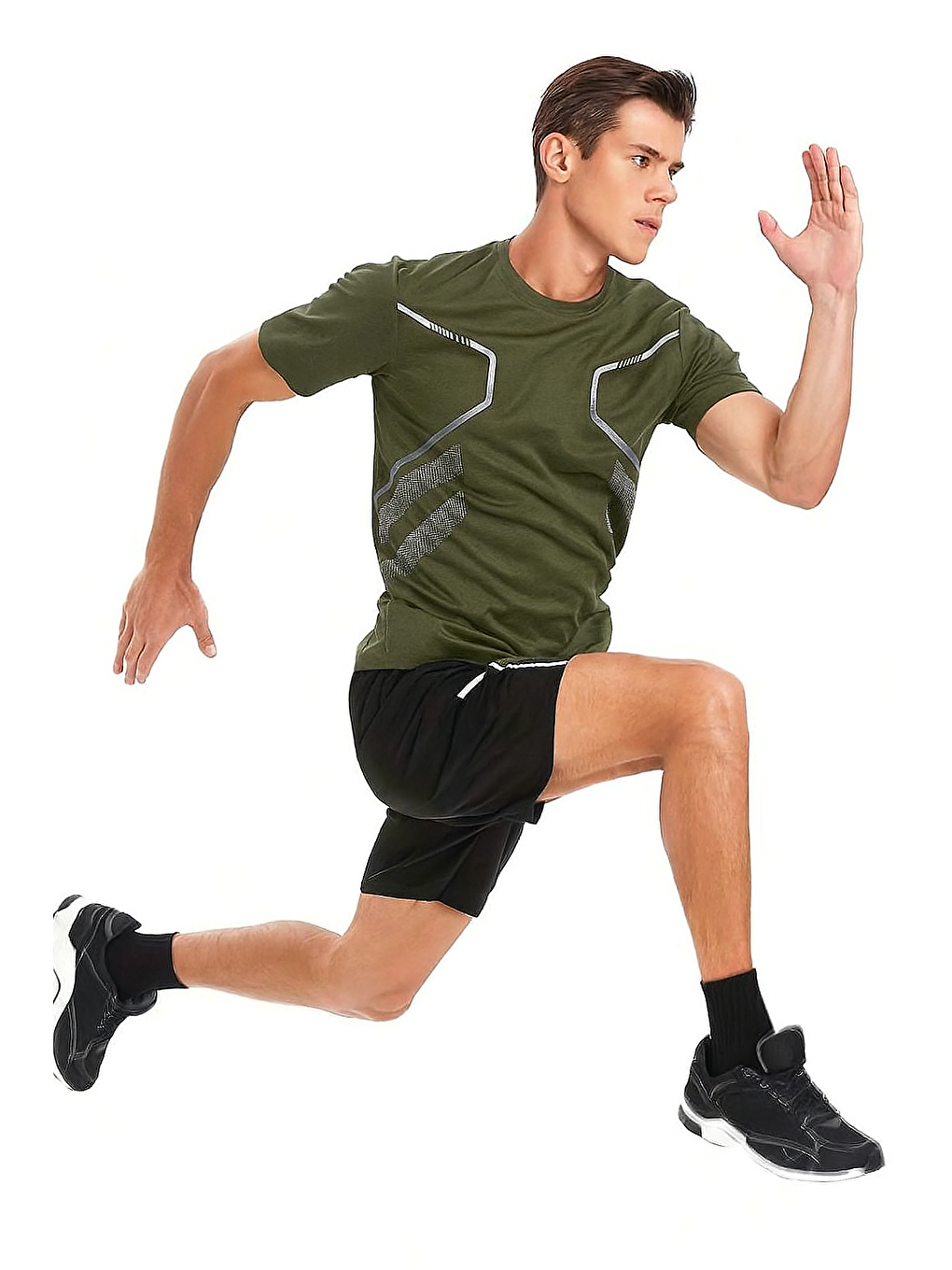 Haki Erkek Spor Tişört Antreman Gym Polyester Erkek Sporcu Tişört-2