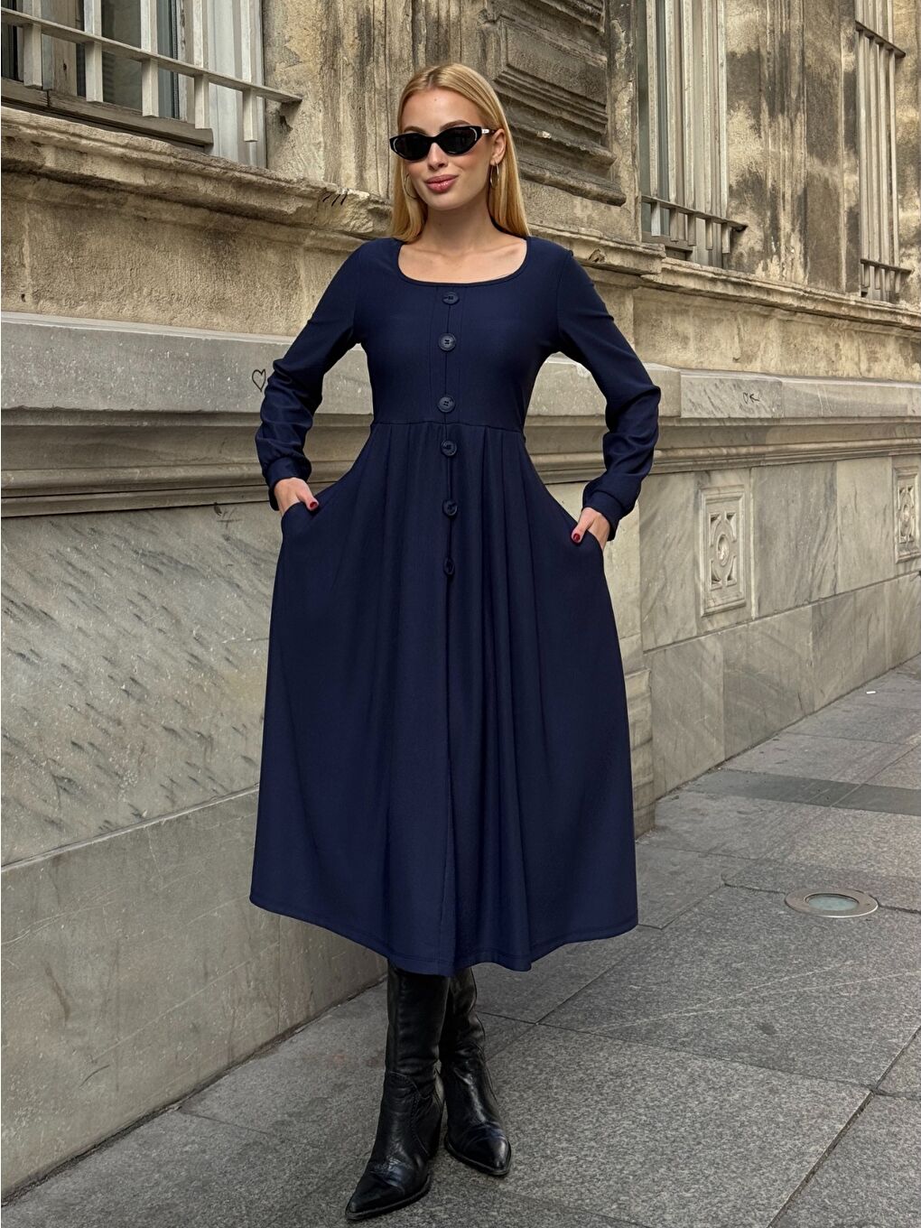 Ottoman Kumaş Düğme Detay Elbise Lacivert-4
