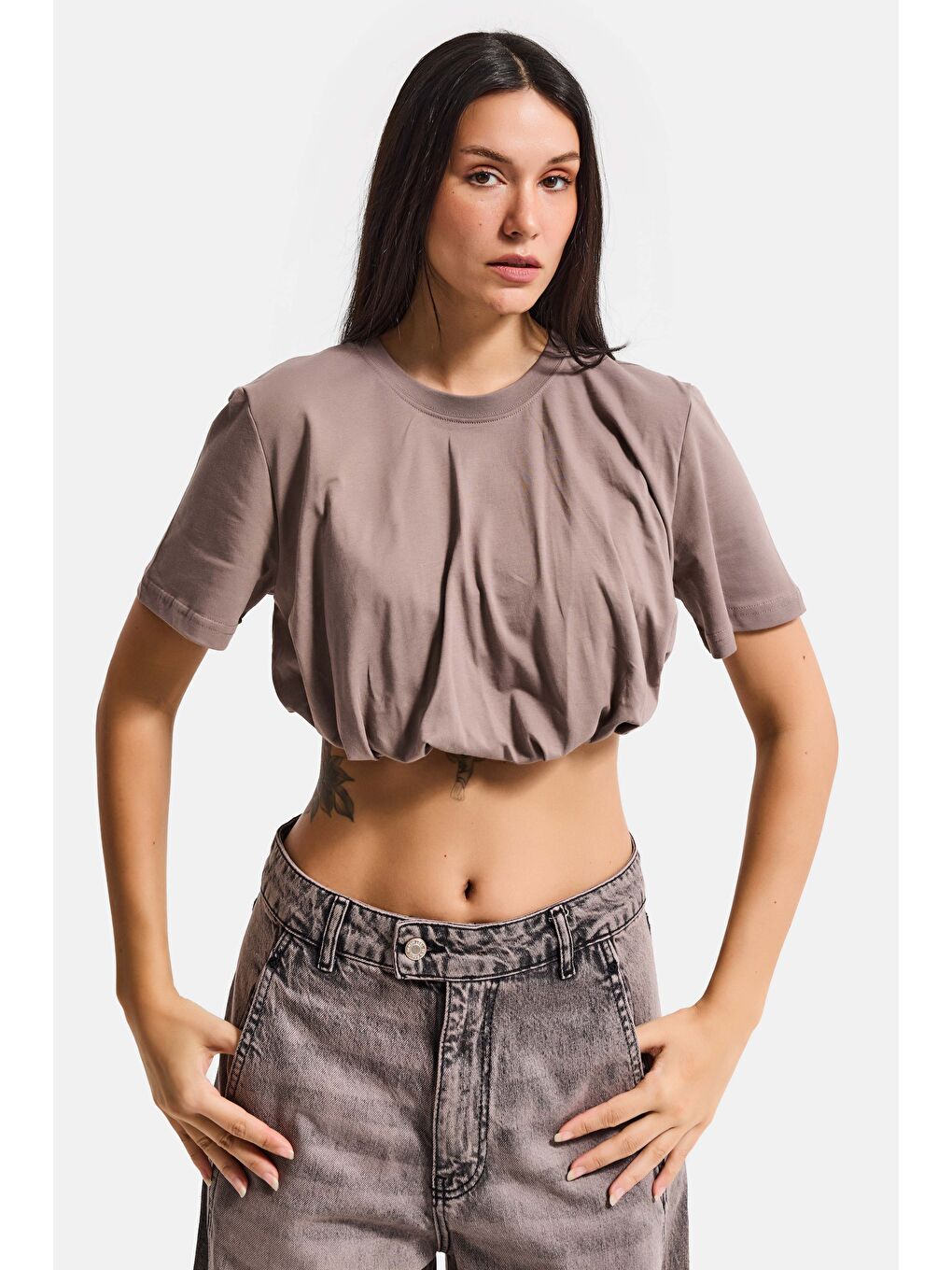 Kadın Açık Antrasit s6-16 Crop Balon Fit T-Shirt