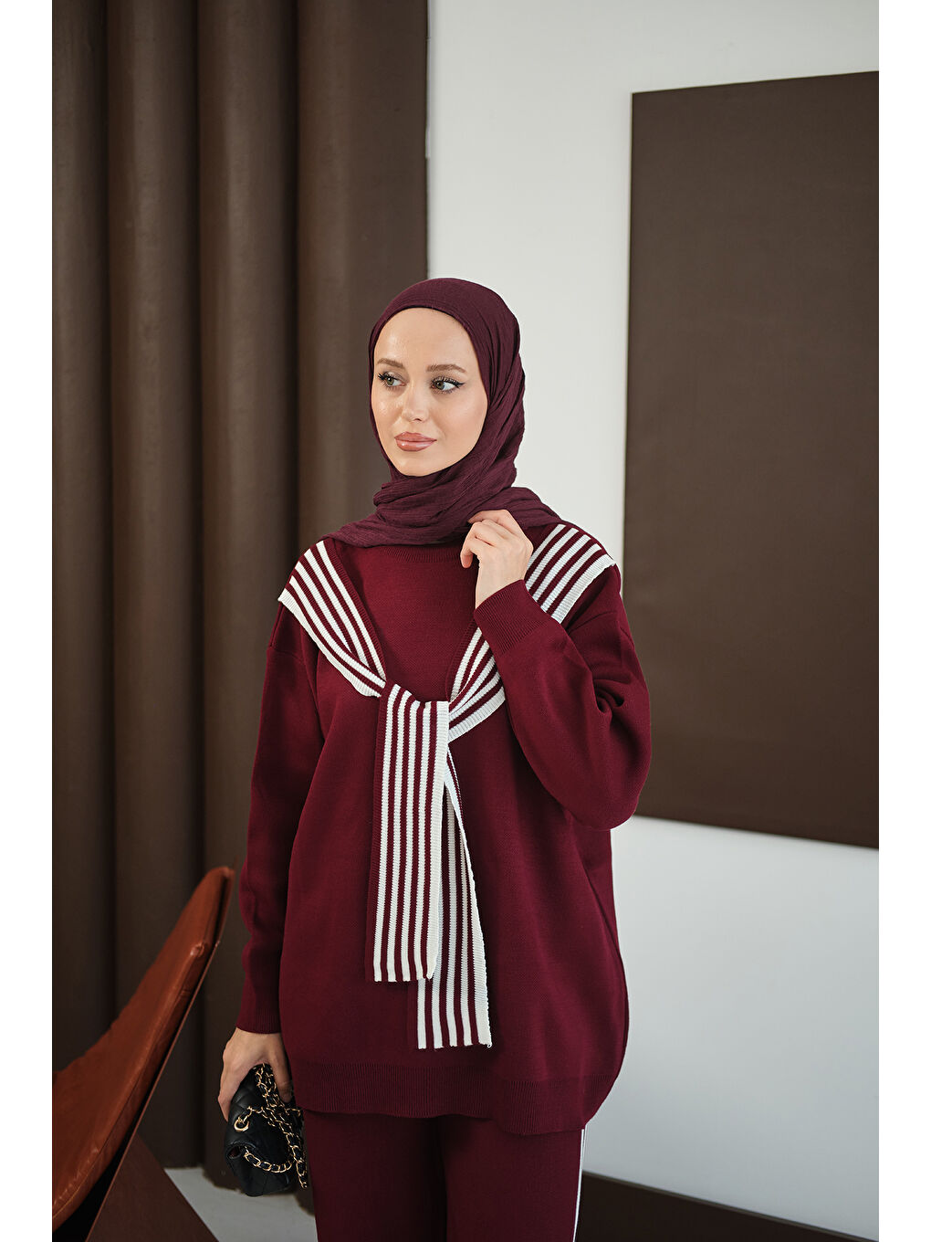 Kadın Atkı Detay Takım Bordo-4