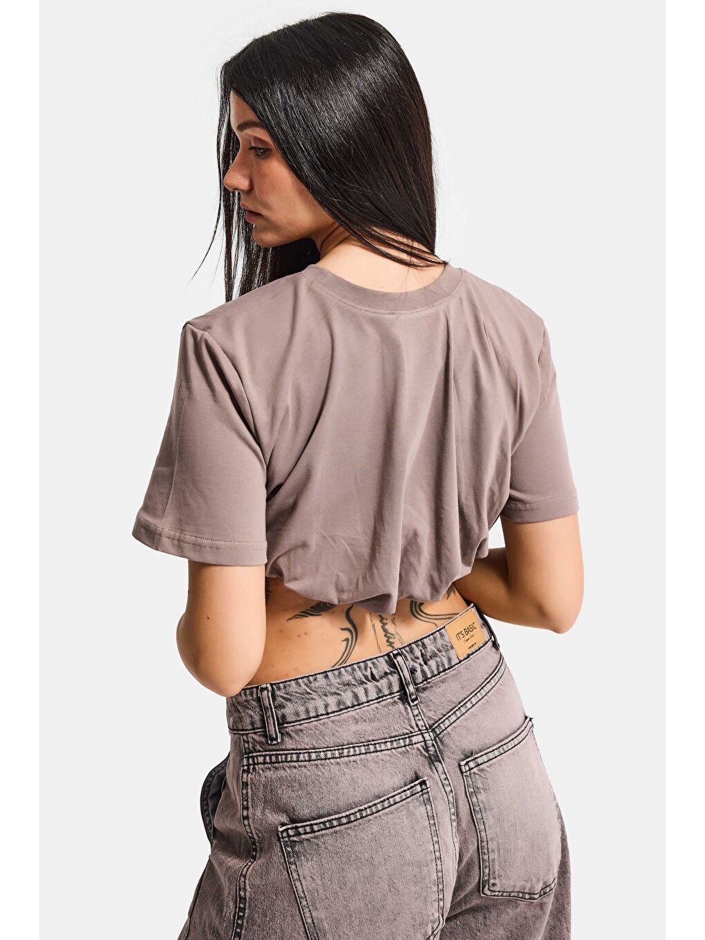 Kadın Açık Antrasit s6-16 Crop Balon Fit T-Shirt-1